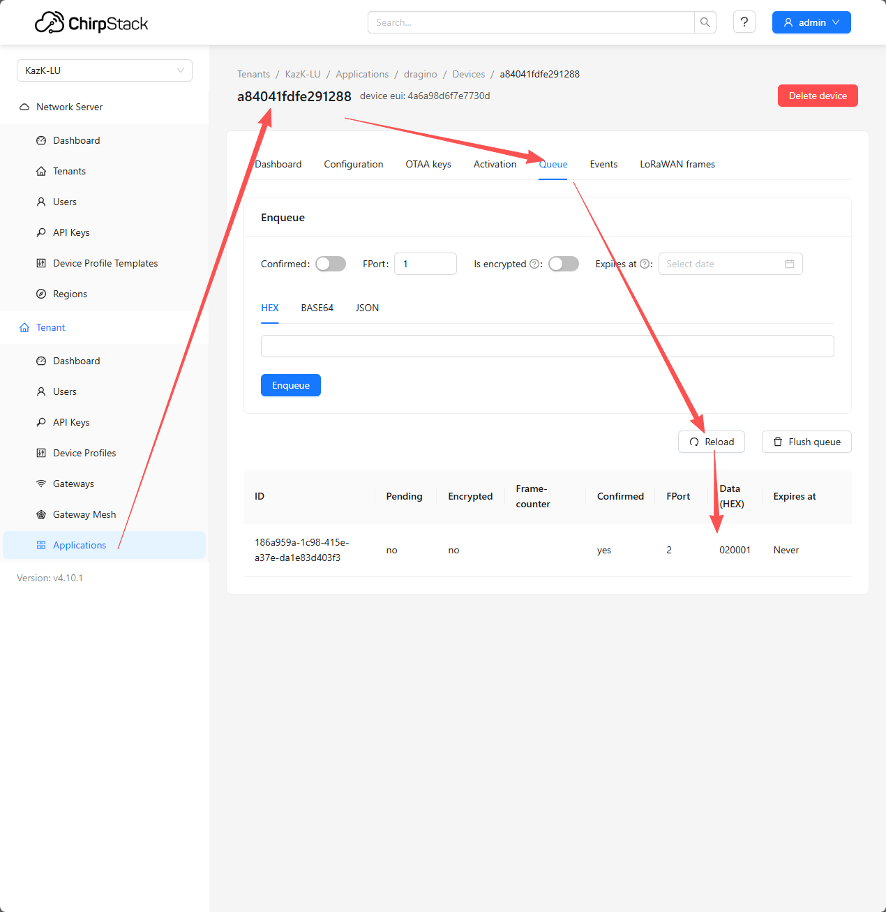 Check the queued downlink in ChirpStack