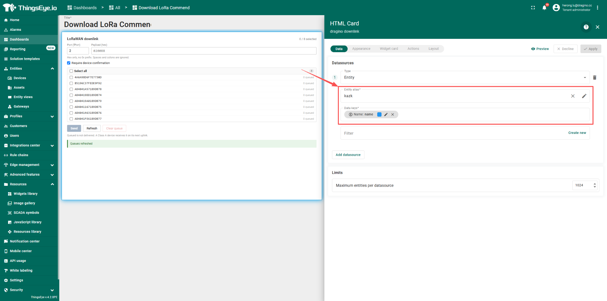 Widget datasource configuration